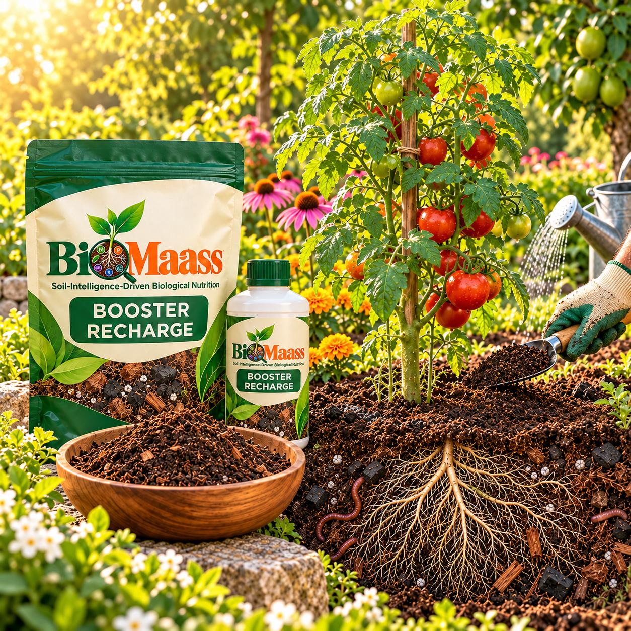BioMaass Booster Recharge pack and bottle beside a fruiting tomato plant