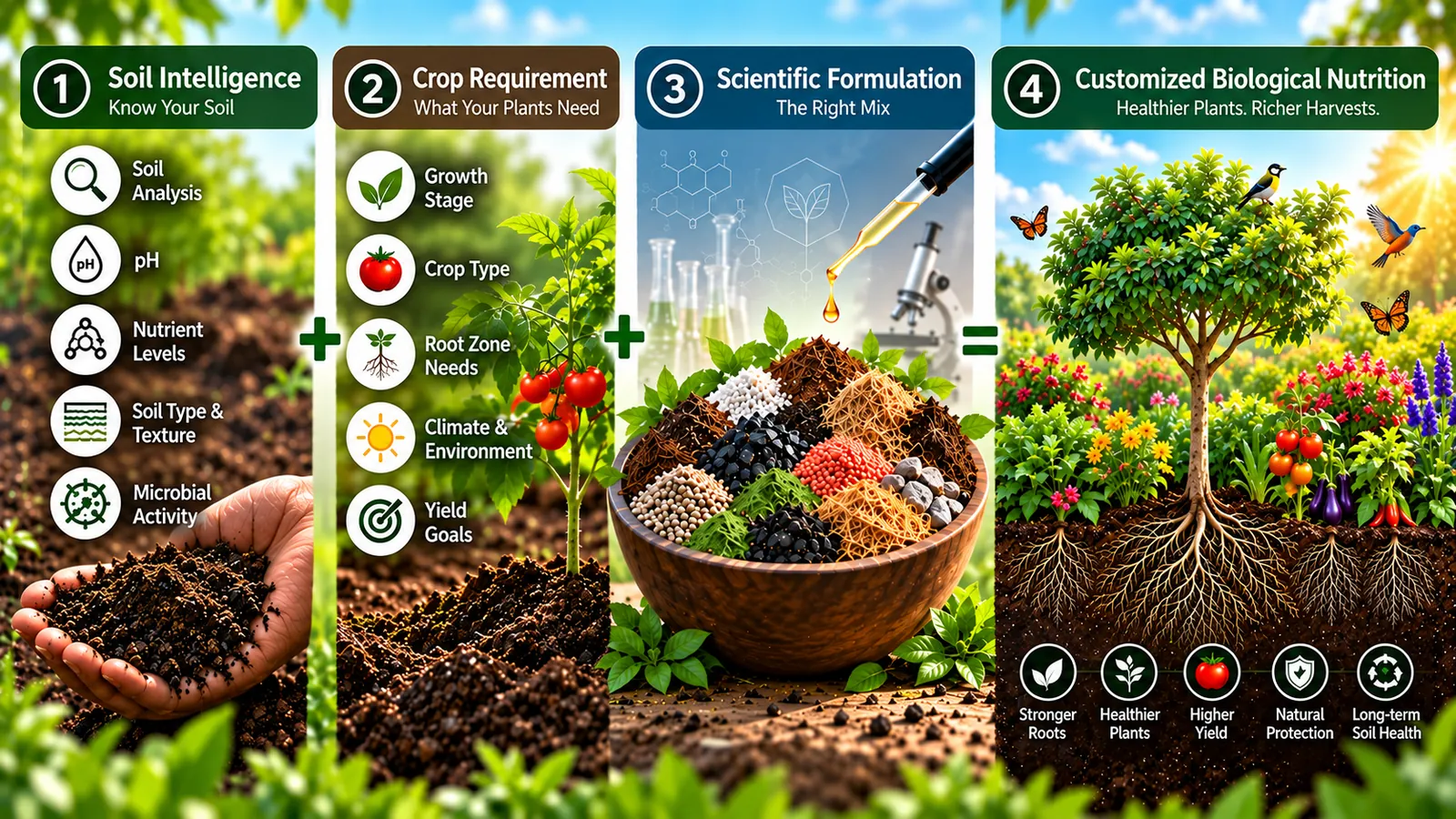 Soil intelligence plus crop requirement plus scientific formulation equals customised biological nutrition