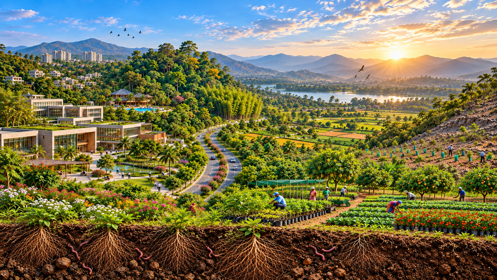 A green landscape of urban campuses, tree-lined roads, forests, restored hillsides, nurseries and farms, with healthy roots growing deep in living soil below